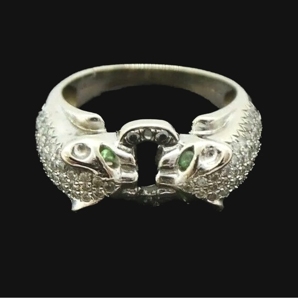 18K WHITE SOLID GOLD LADIES PANTHER DIAMOND and EMERALD RING - Picture 1 of 13